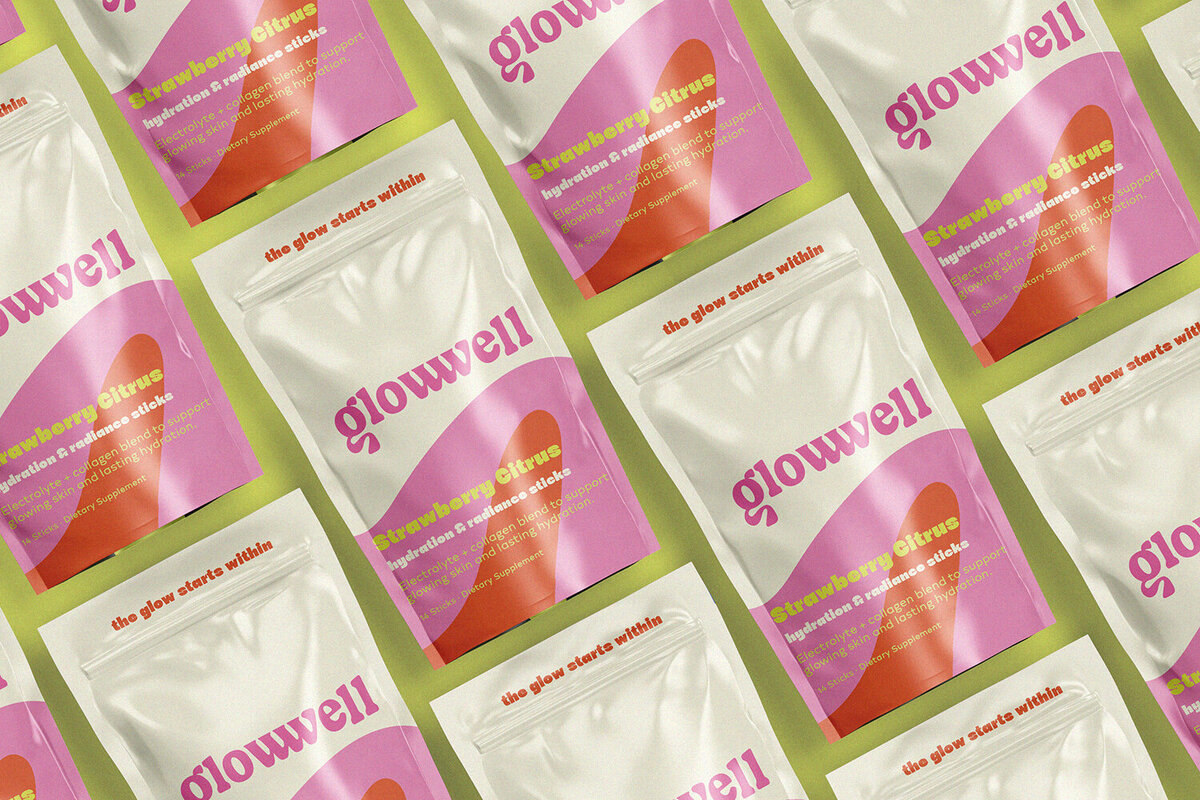 Luxury supplement pouch design for Glowwell hydration and radiance sticks — CPG wellness packaging mockup.