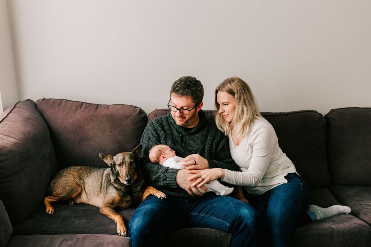 New family sits on their couch for photos with their puppy and new baby