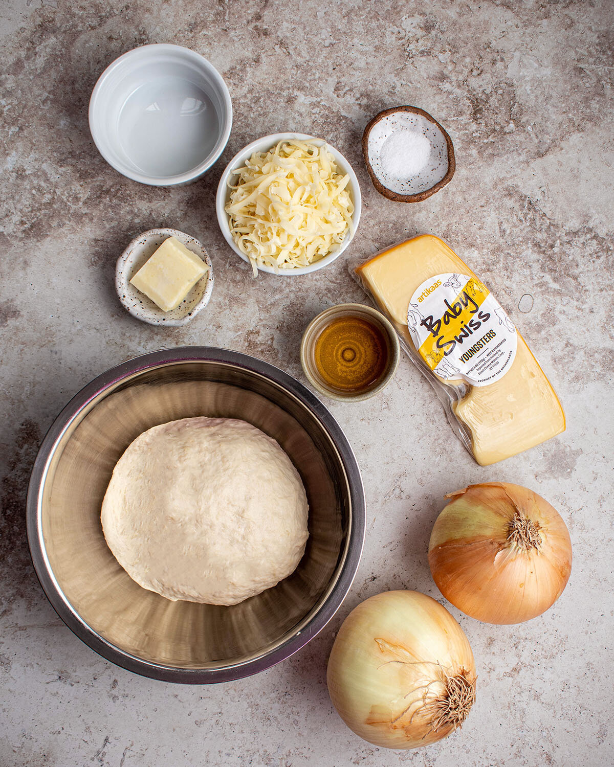 french onion pizza ingredient shot featuring Artikaas Gouda