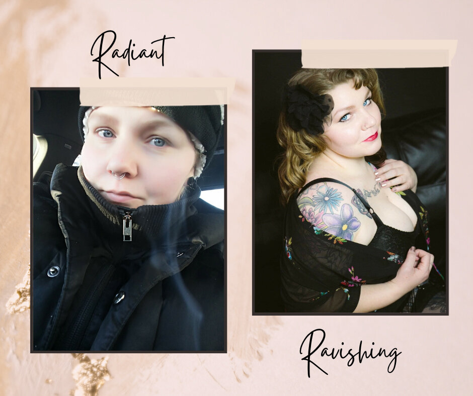 Woman in black leather jacket and a picture of a woman with glasses it is b before and after in Minneapolis Mn