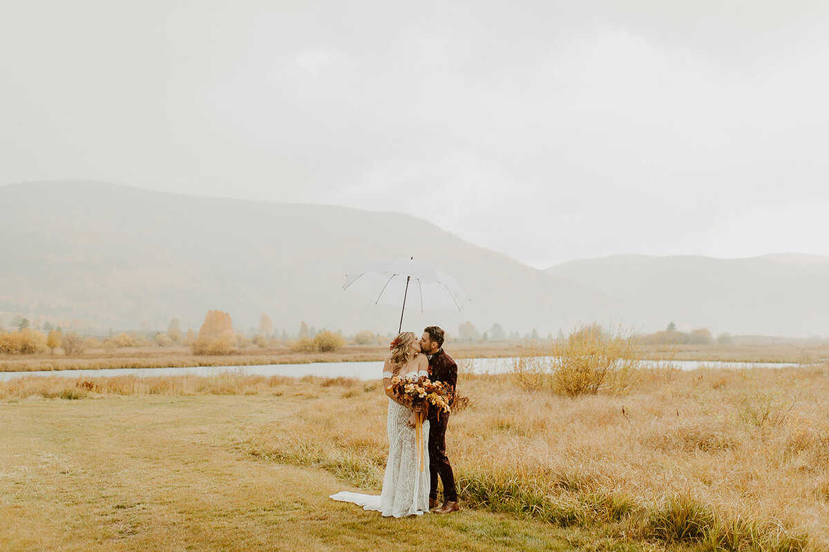 Bride and groom standing in a grassy field  while holding a white umbrella, with a mountain backdrop
