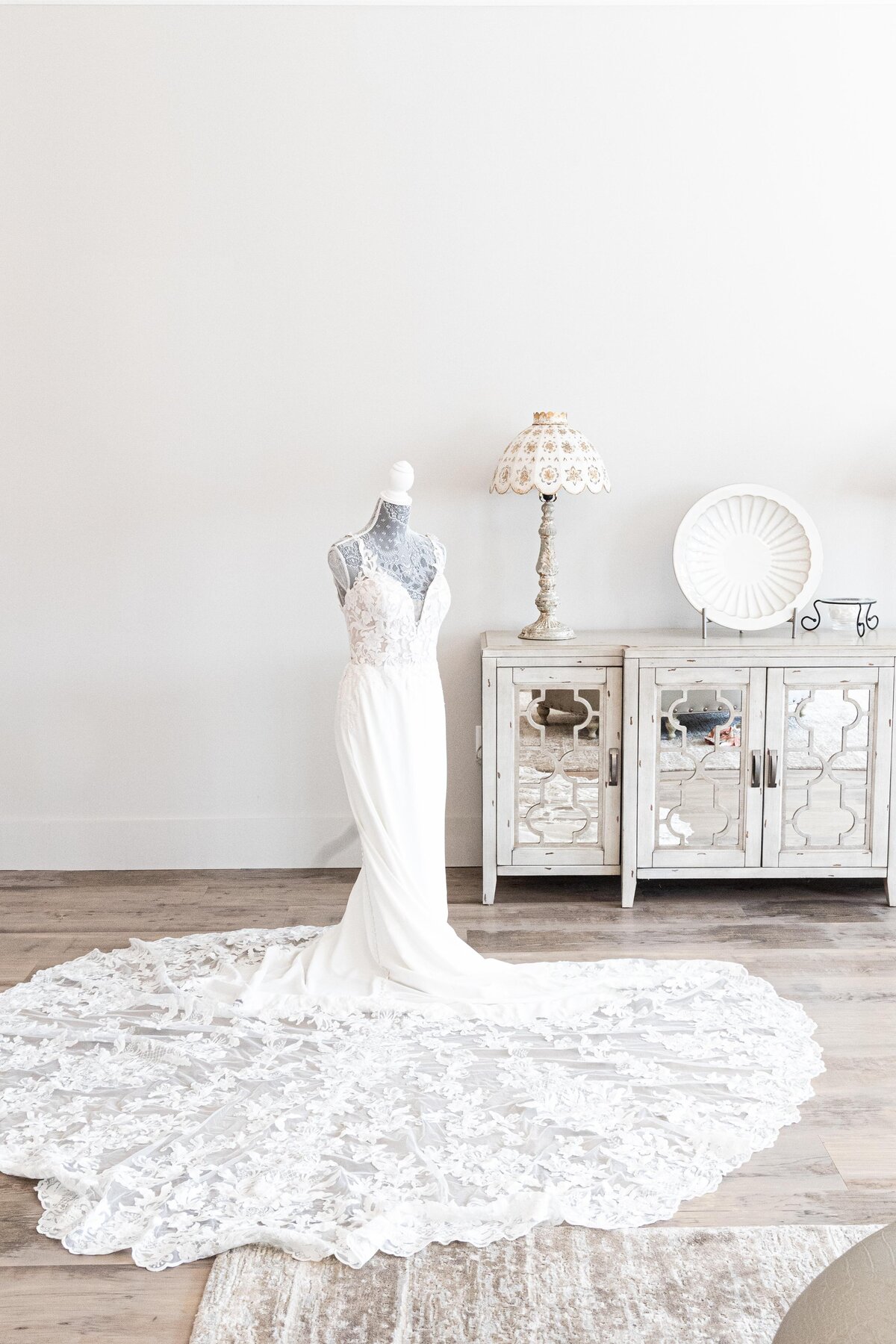 wedding dress on dress form at Dugaren Vineyards