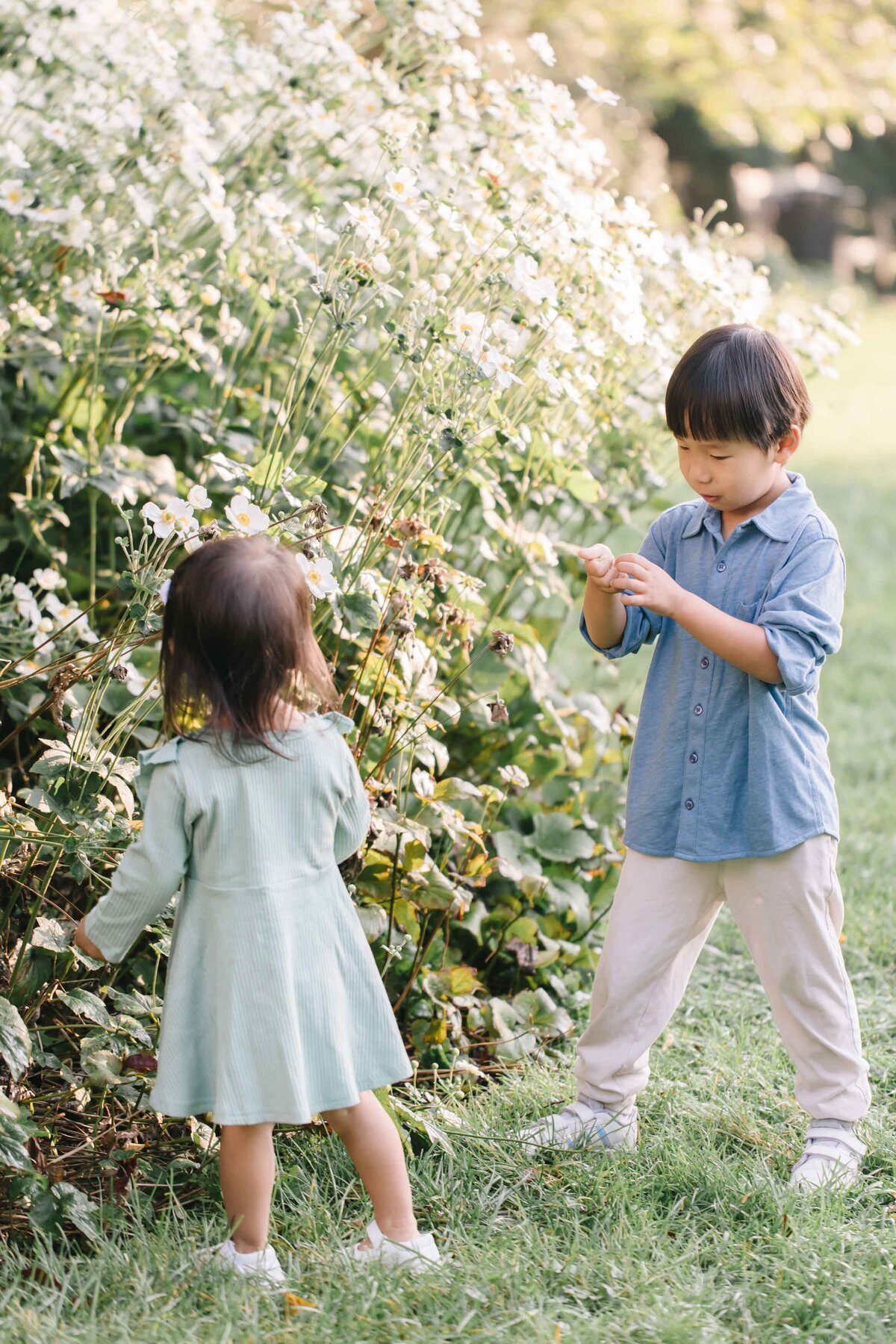 little boy and little girl picking flowers at garden in northern virginia