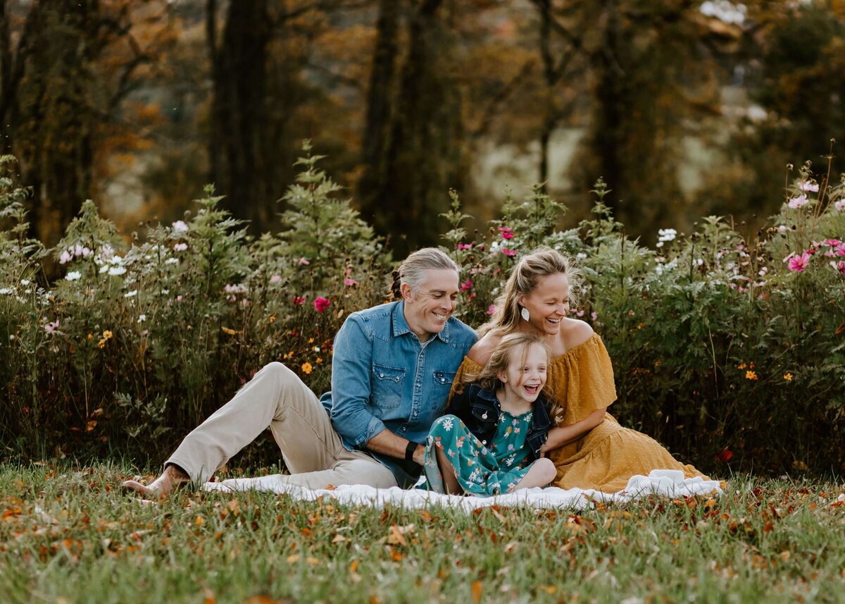 A family sits on a blanket in a field captured by a Pittsburgh family photographer.