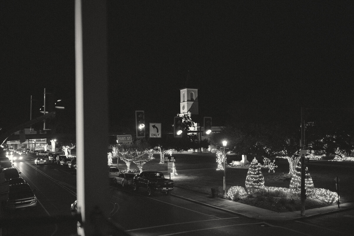 a black and white photo of downtown st. martinville, louisiana at night.