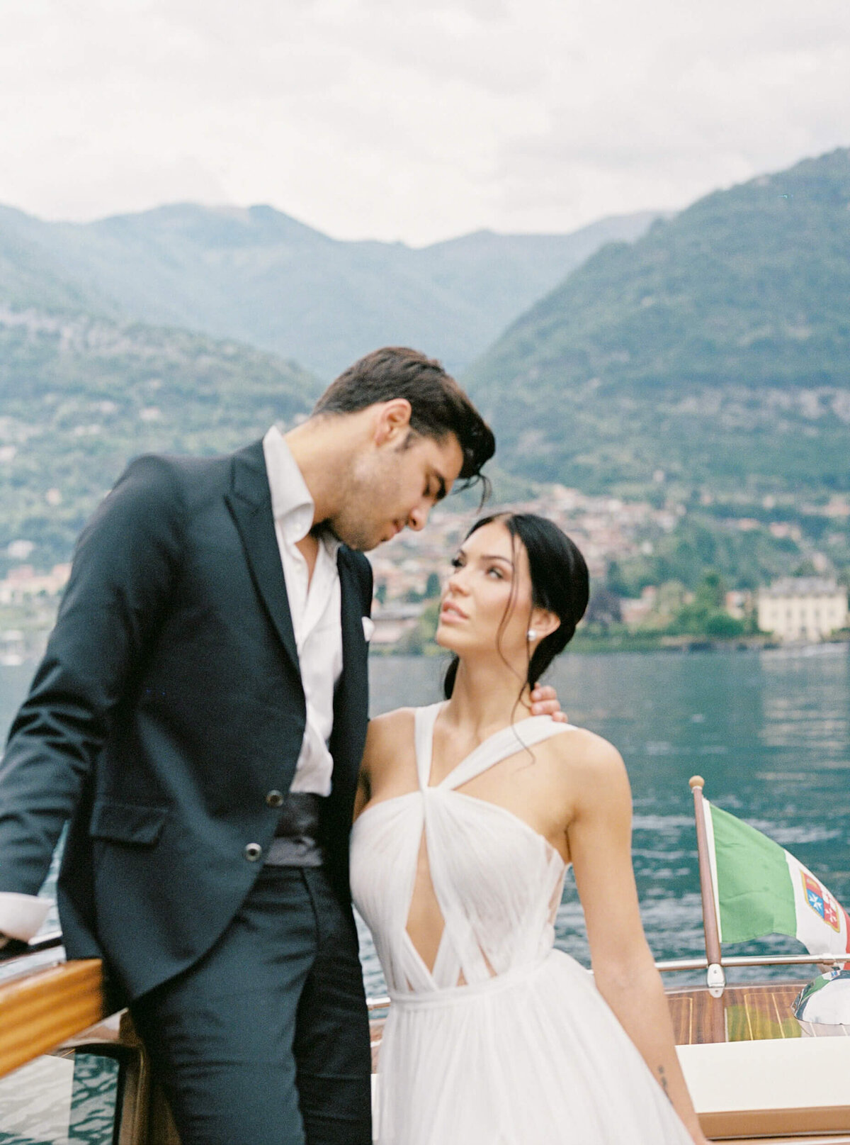 A wedding photo of the couple at Villa Balbiano on Lake Como in Italy