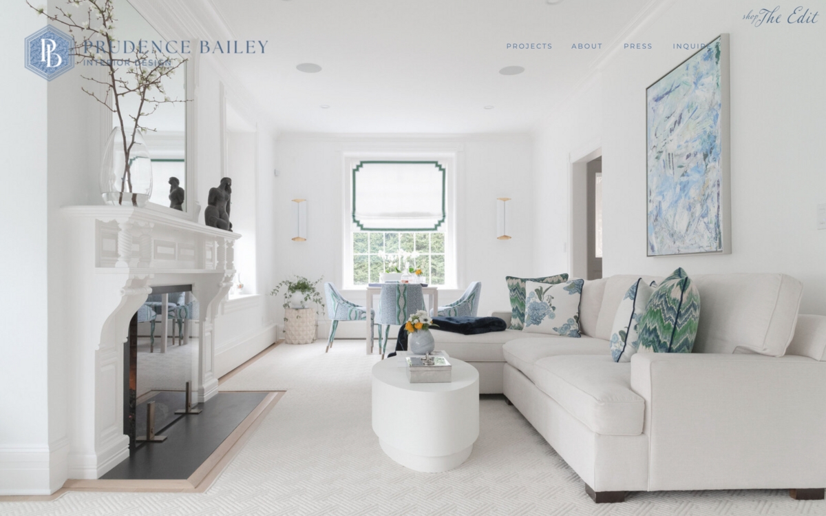 Prudence Bailey Interior Design Landing Page featuring a living room