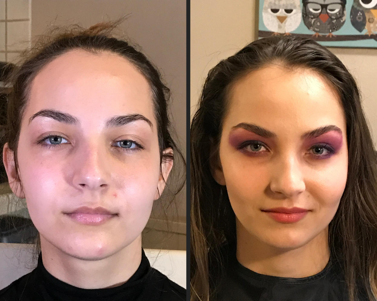 before and after dramatic colorful smokey eye on a brunette with light eyes