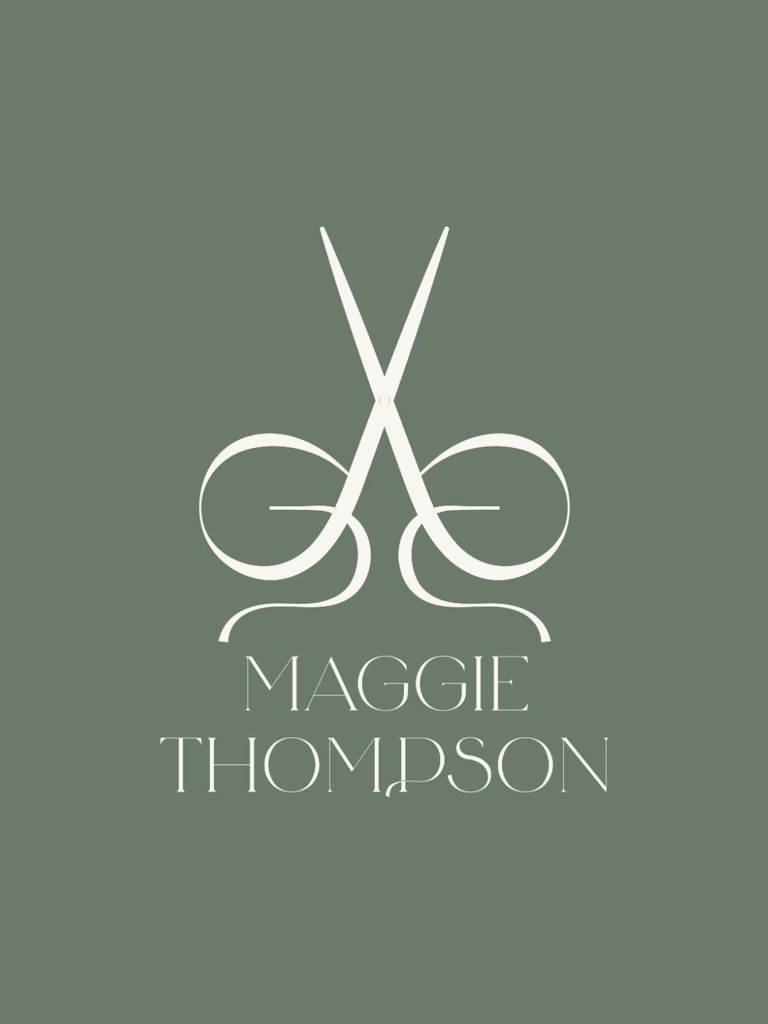 Minimalist scissors logo with elegant serif font on muted green background for a hair stylist brand.