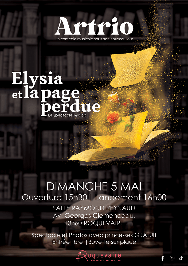Affiche créée par Fenicia Studio pour le spectacle "Elysia et la page perdue" de la troupe Artrio.