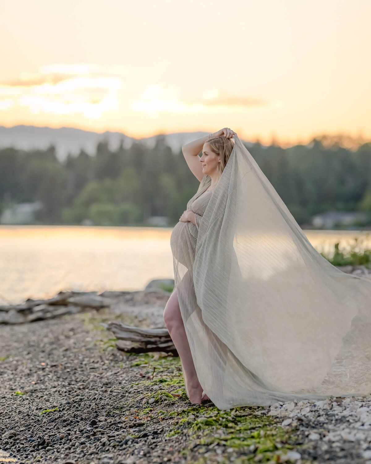 E. Benecki Photography photographs this mom-to-be shines in a sheer golden dress, with a gentle breeze adding movement to the fabric.