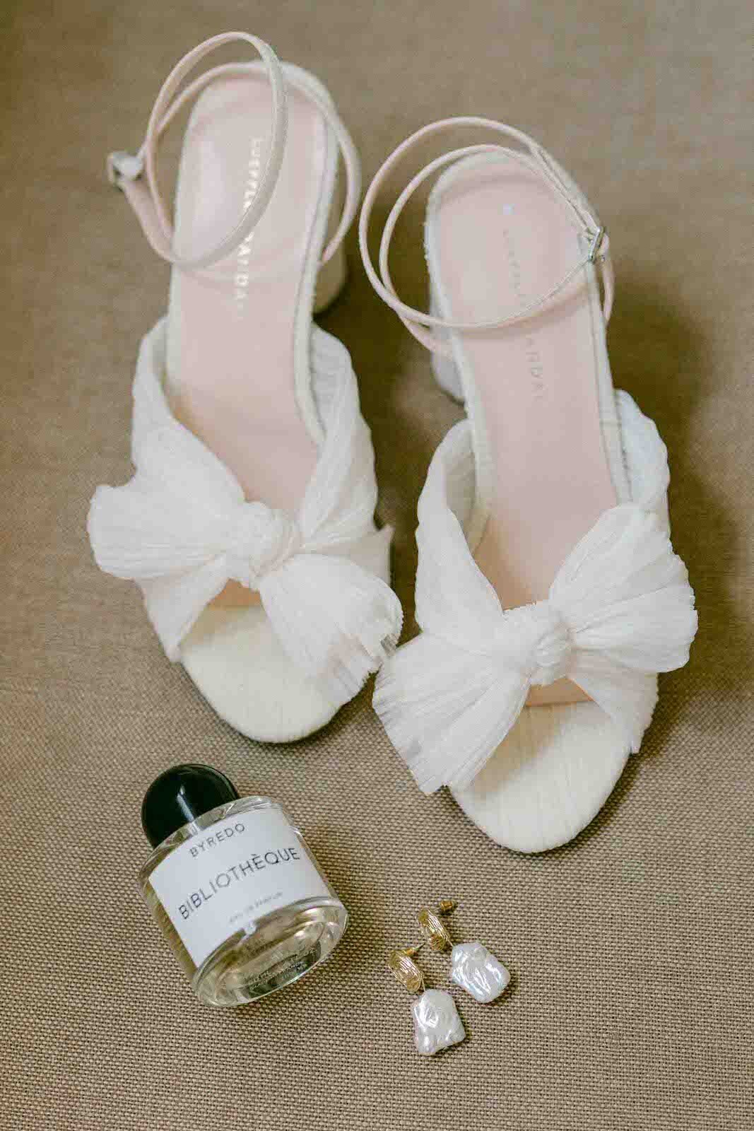 Loeffler Randall wedding shoes, Byredo perfume and pearl earrings