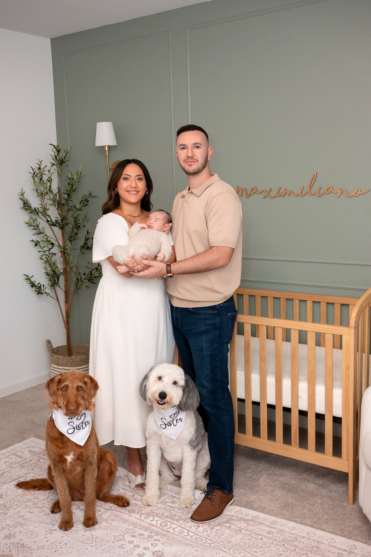 Family newborn photo with dog – natural light Houston setup.
