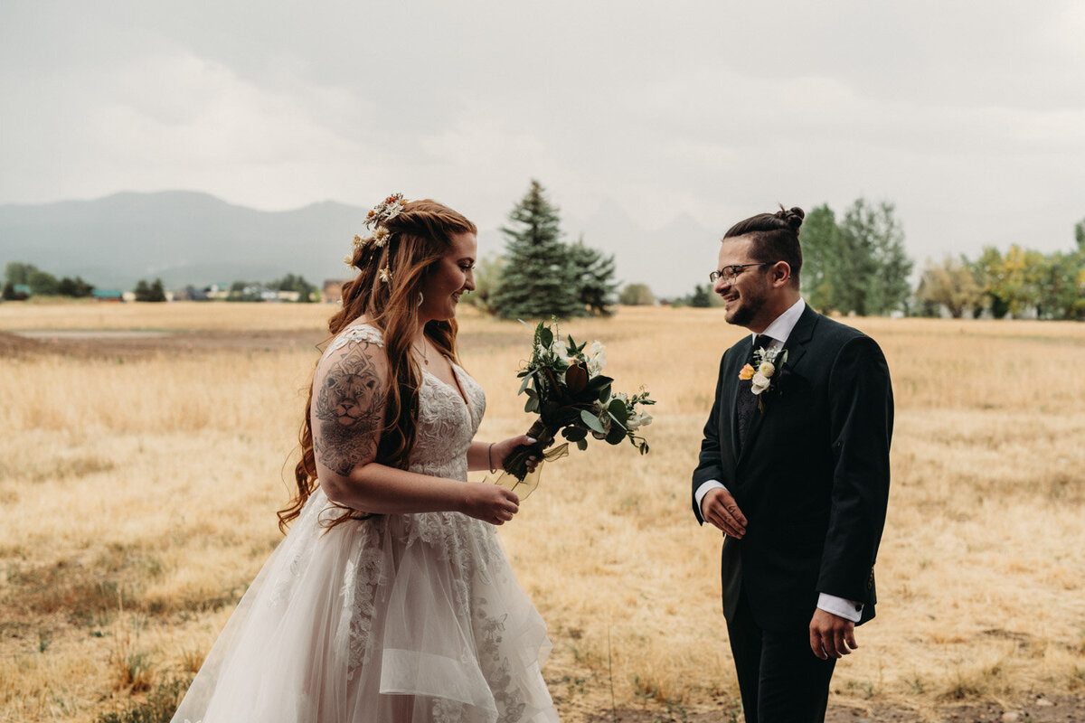 Couple see each other for first time at mountain air bnb
