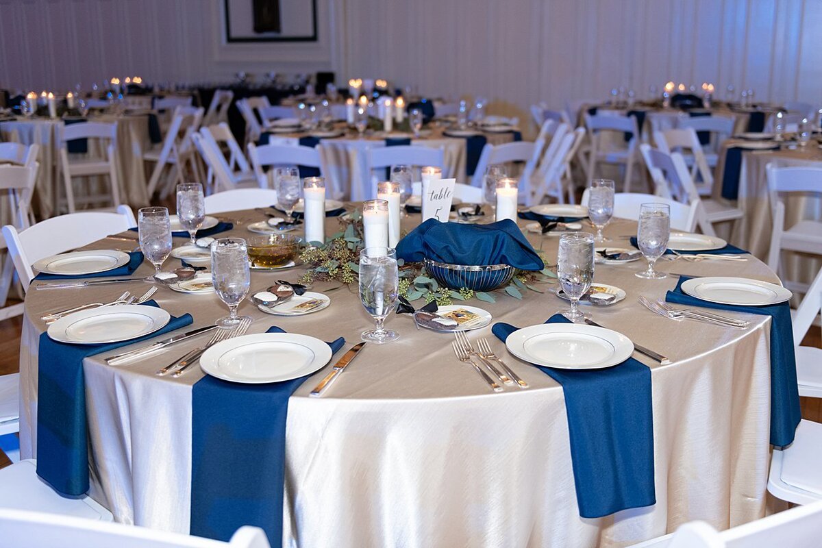 White and Blue wedding table decor at Soldiers and Sailors Memorial Hall in Pittsburgh, PA