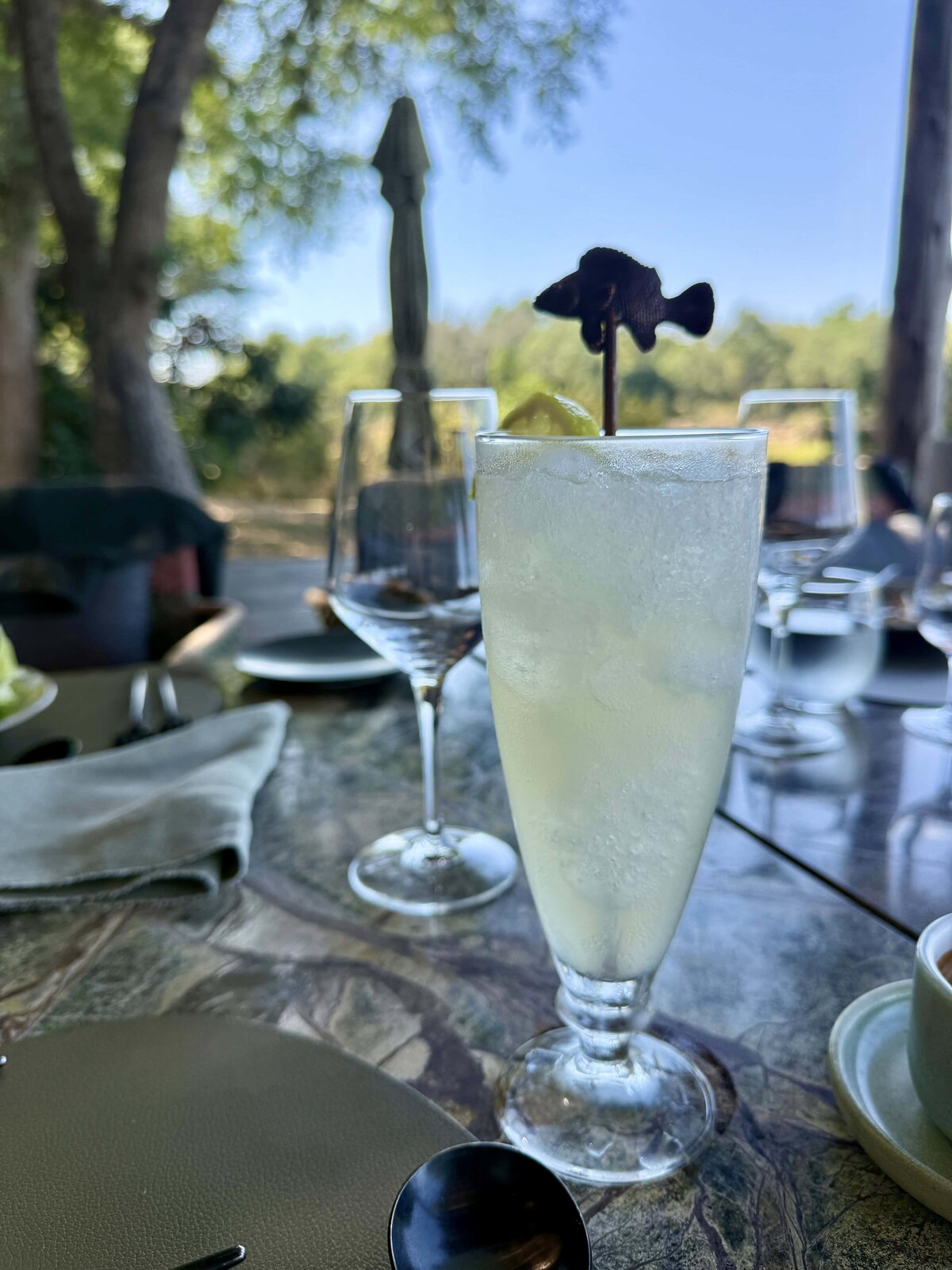 lime green drink on a dinner table in the shade outside