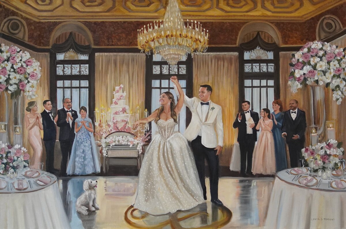 live wedding painting of bride and groom exit ceremony  Newport Beach House, Newport RI