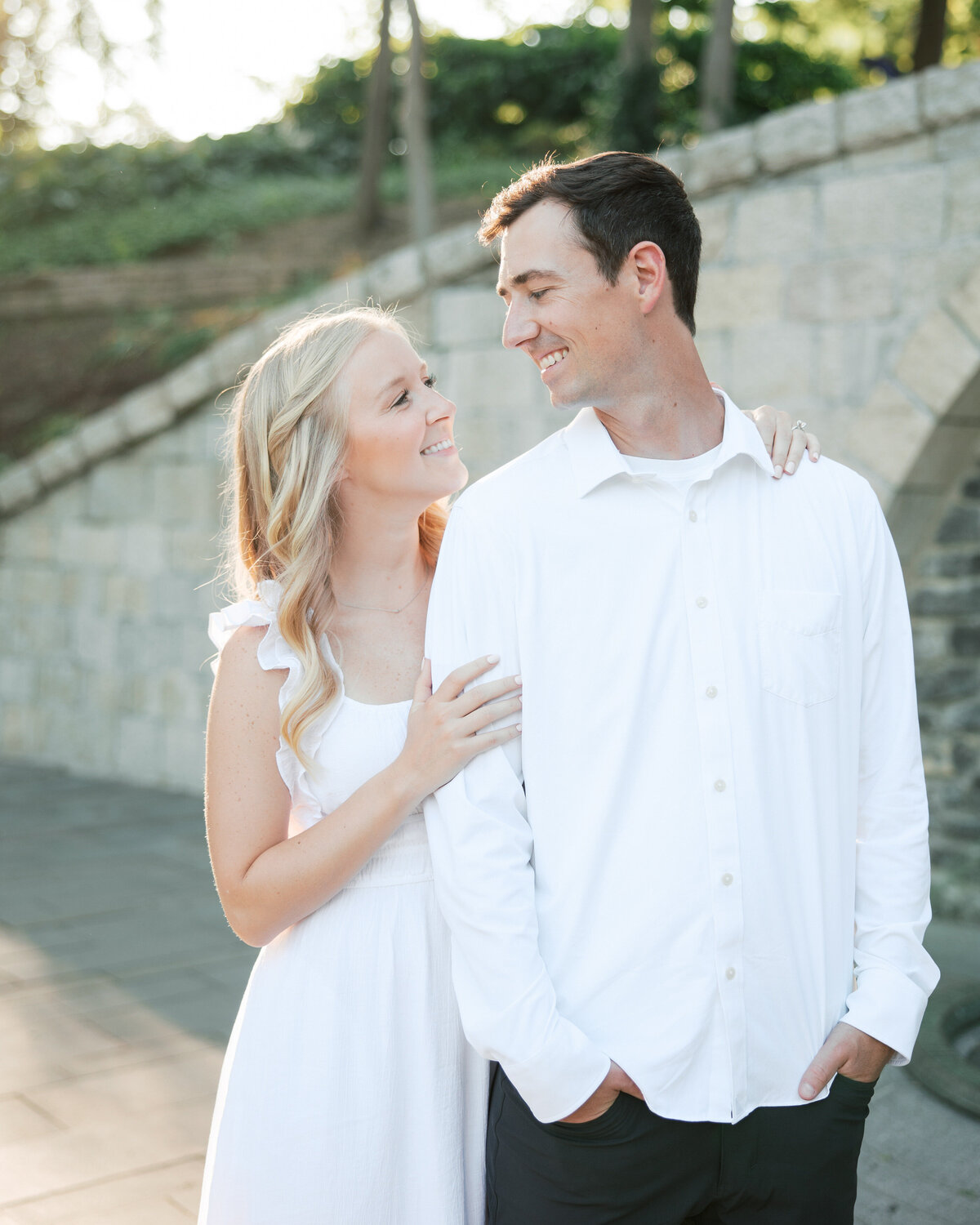 Close-up of couple smiling during Columbus engagement, photographed by Philly wedding photographer.