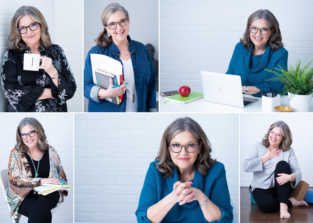 a collage of photos taken of a nutritionist as she does yoga, works at the computer, drinks coffee, lectures from a book.  Captured in studio by Ottawa Branding Photographer JEMMAN Photography COMMERCIAL