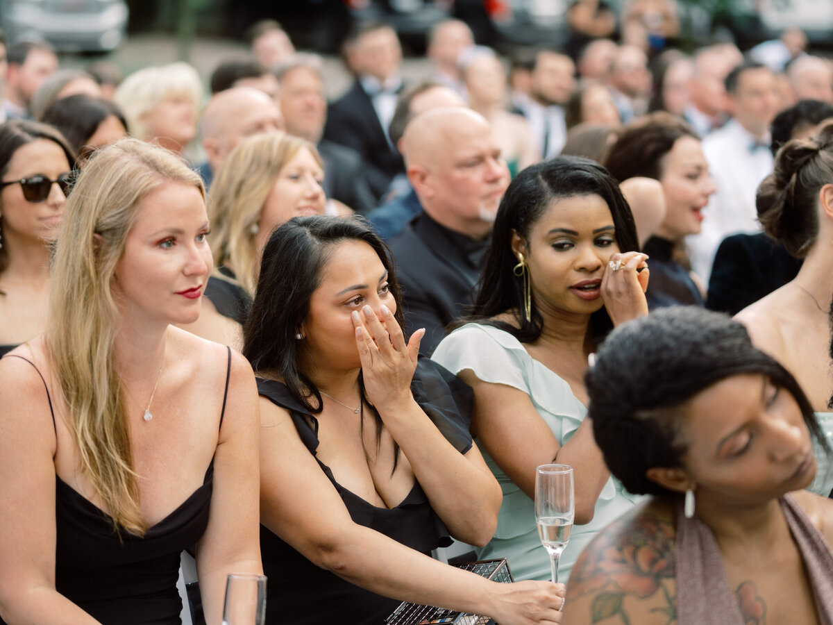 A group of guests displays deep emotions as they watch a touching ceremony, highlighting the powerful human connections and memories that weddings create.