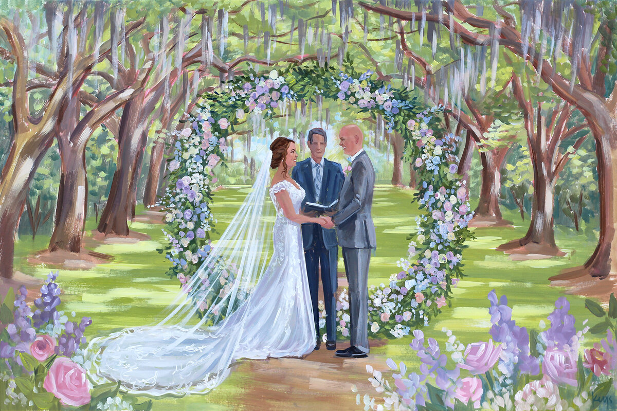 Ceremony with luxury wedding flower arch under live oaks at Legare Waring House in Charleston, SC, captured by live wedding painter, Ben Keys Fine Art Studio