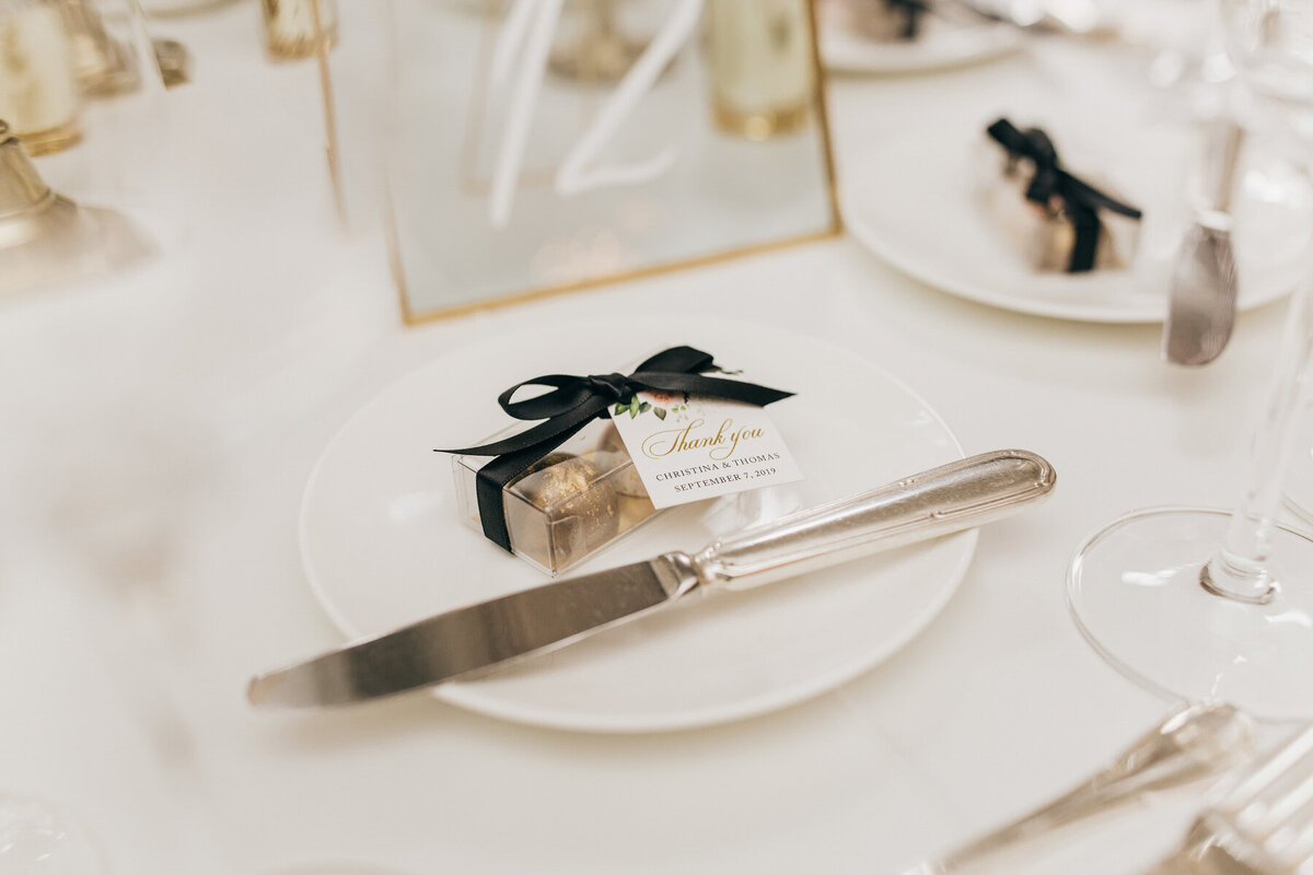 Chocolate wedding favours at luxurious wedding