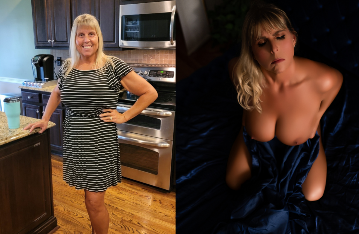 Before and after transformation showing hair and makeup from a BombShell Boudoir session