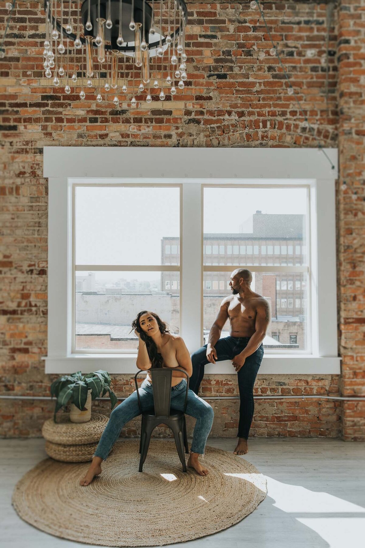 Chic couples boudoir shoot in brick studio