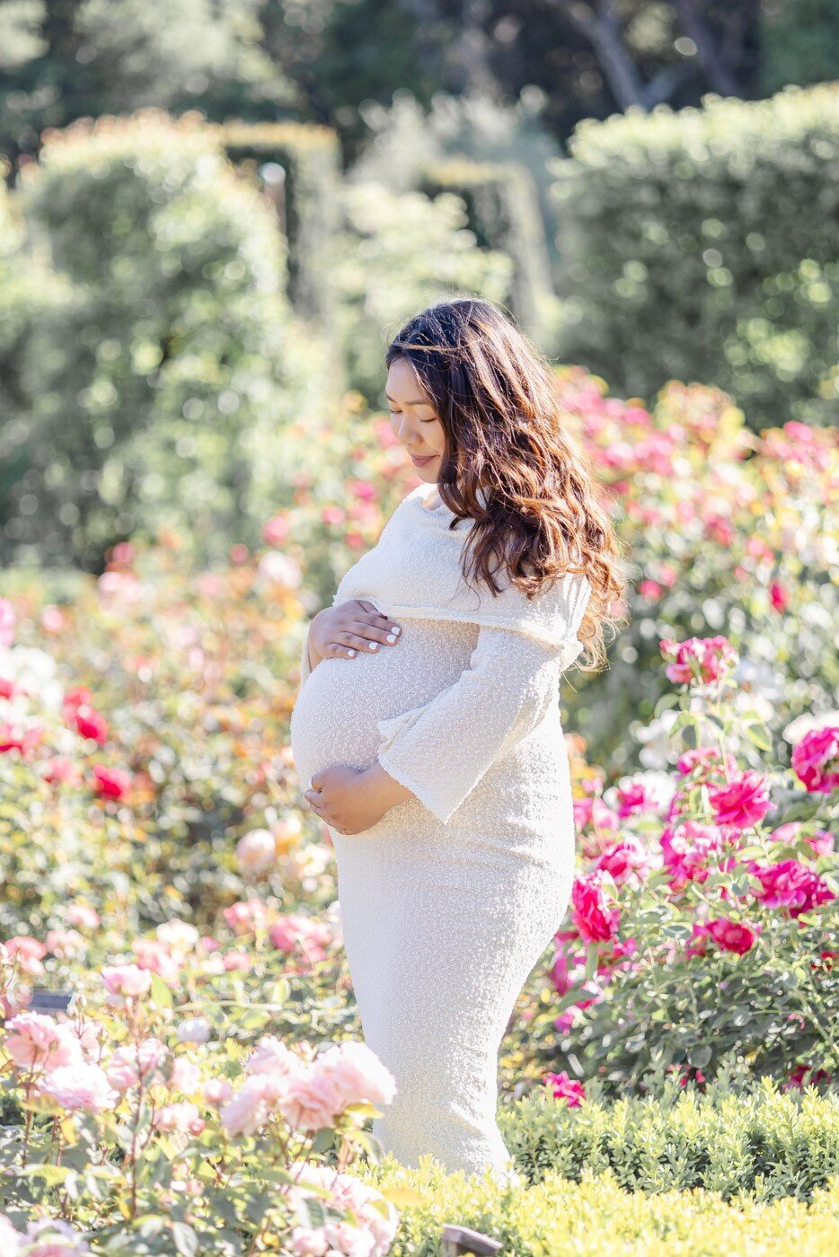 Pregnant mom gazing down lovingly at her baby belly among blooming roses during a spring maternity session at Filoli Gardens in Bay Area