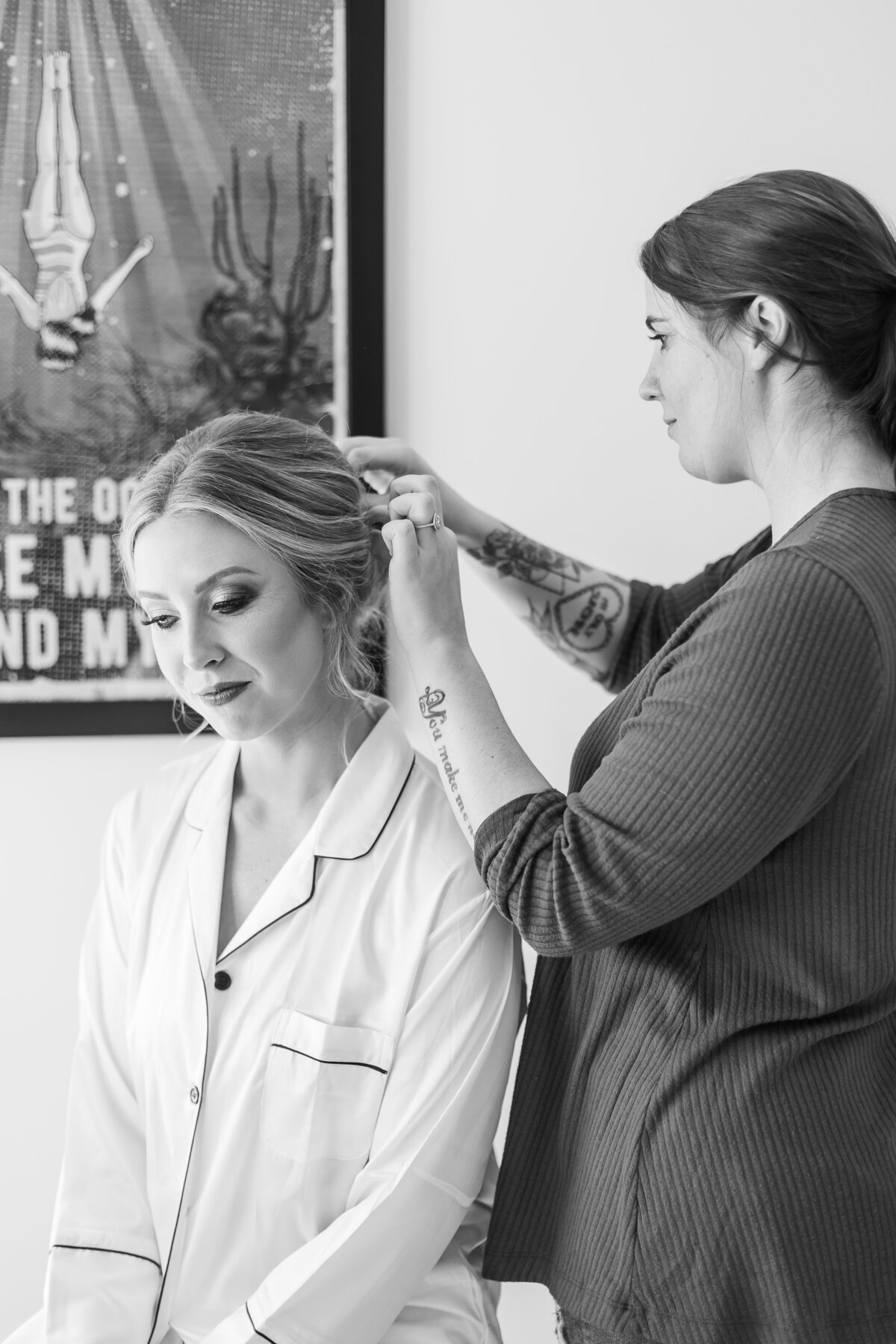 Bride having hair done before wedding at Tennessee State Museum
