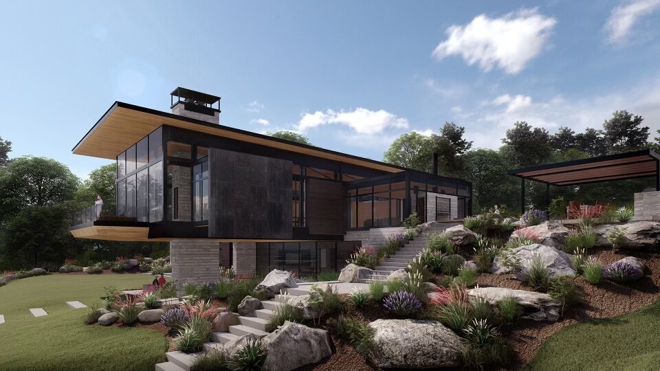 outside view of modern organic house with lots of windows and open view