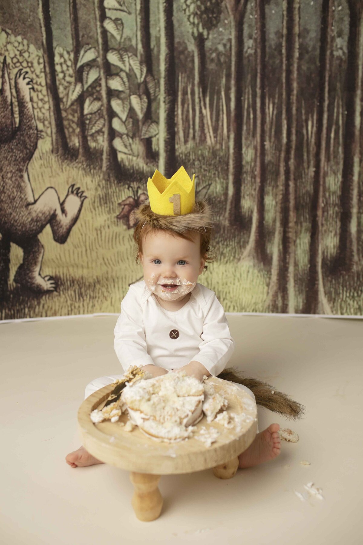 Birthday boy with red hair in a Where the Wild Things Are theme, excitedly smashing his cake with his hands