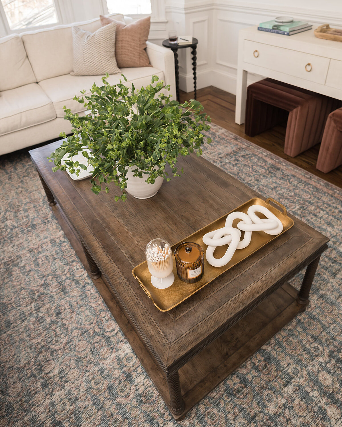 melinda chesson interiors boston wooden coffee table with green plant