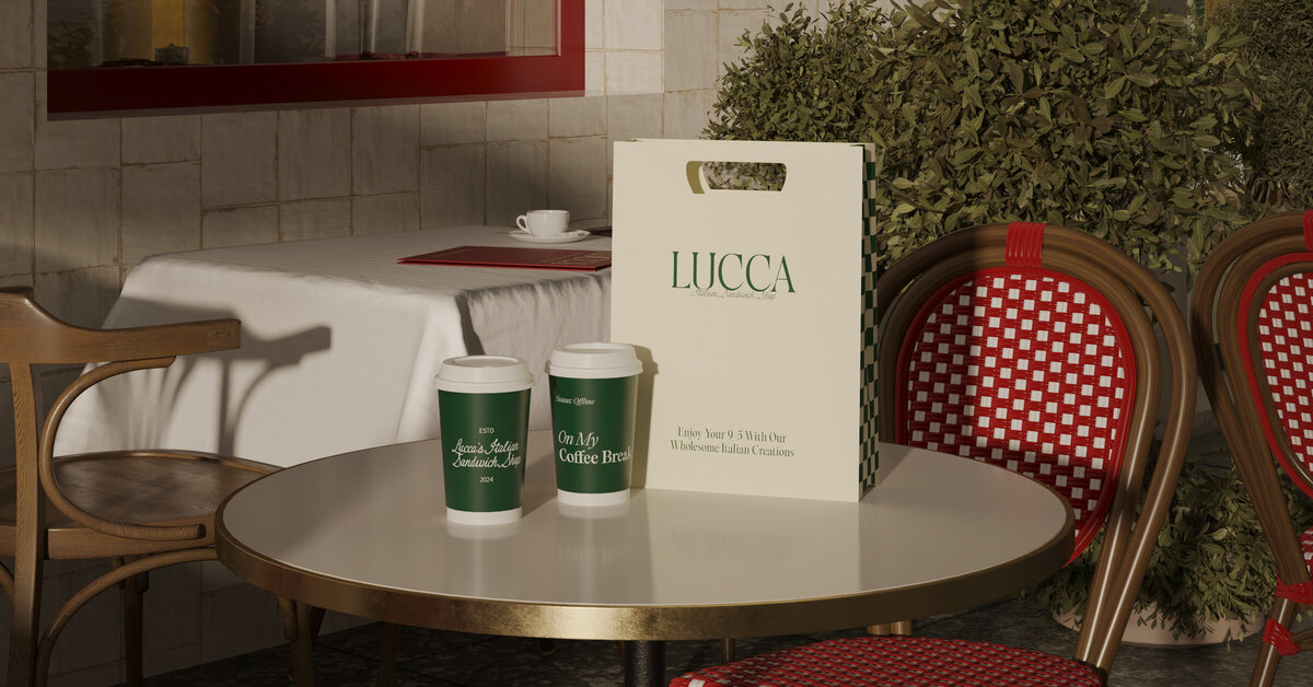 LUCCA brand identity with timeless packaging design, featuring branded coffee cups and takeaway bag at Italian café table.