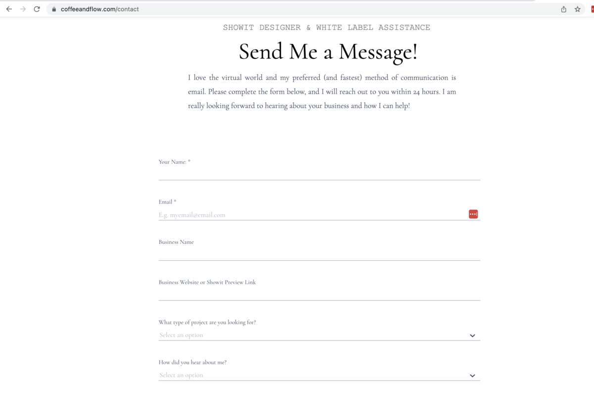 Image of Honeybook contact form embedded on Showit website