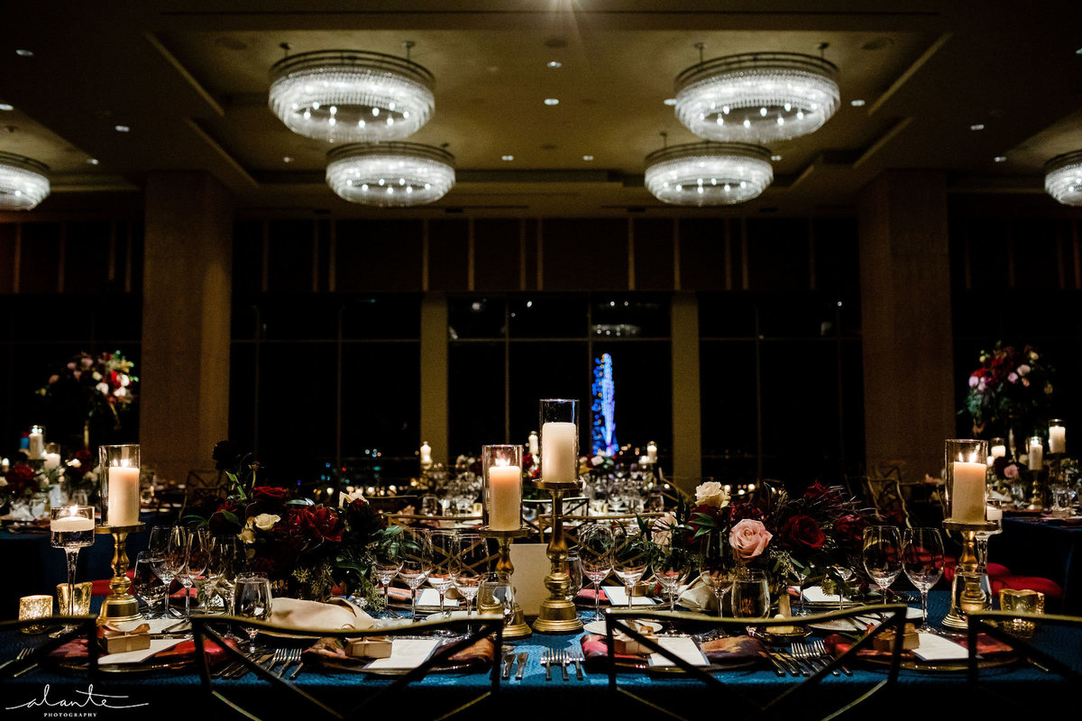 red and blue wedding reception in Four Seasons ballroom in winter