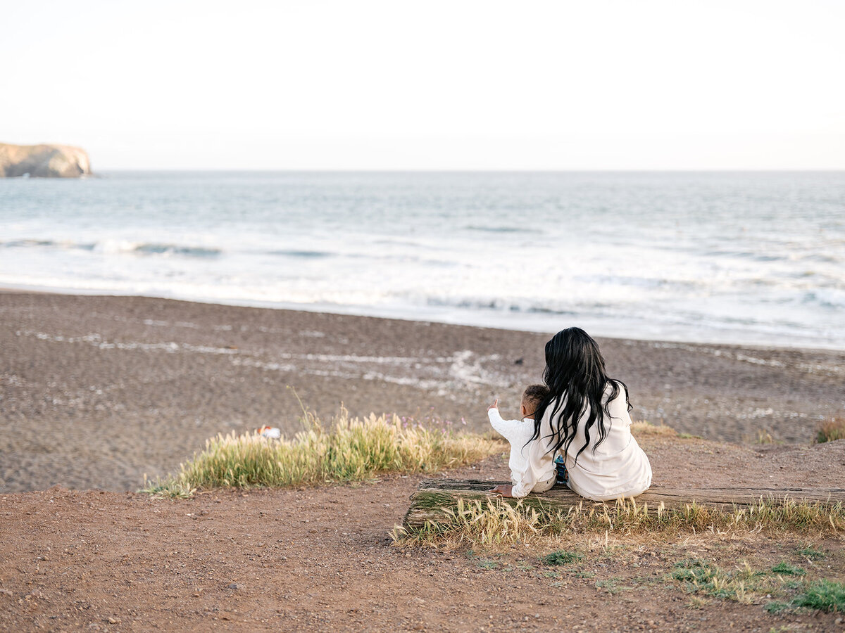 Mother portrait beach session Rodeo Beach Marin Headlands golden hour