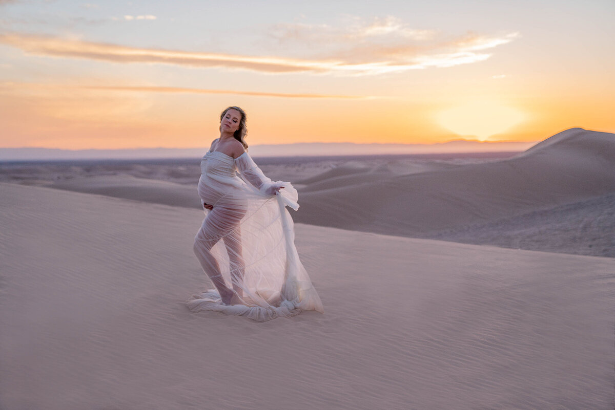 Expectant mom is standing in desert in a strapless bodysuit with a sheer glitter sheath flowing behind her. Captured at sunset golden hour. Captured by Main Line photographer Liza Nicole.