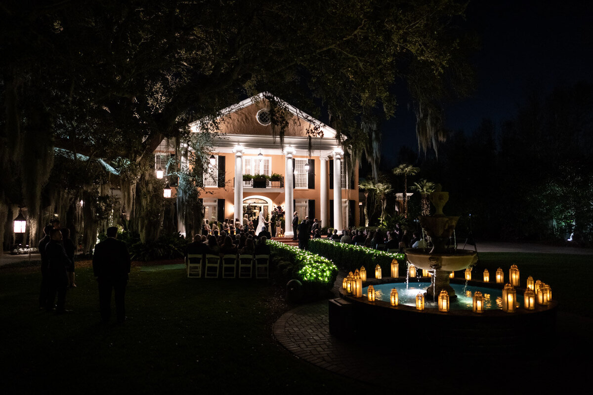 Candles around fountain at Southern Oaks