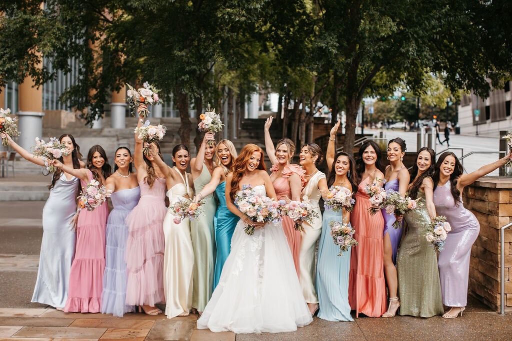 mismatched pastel bright long bridesmaids dresses