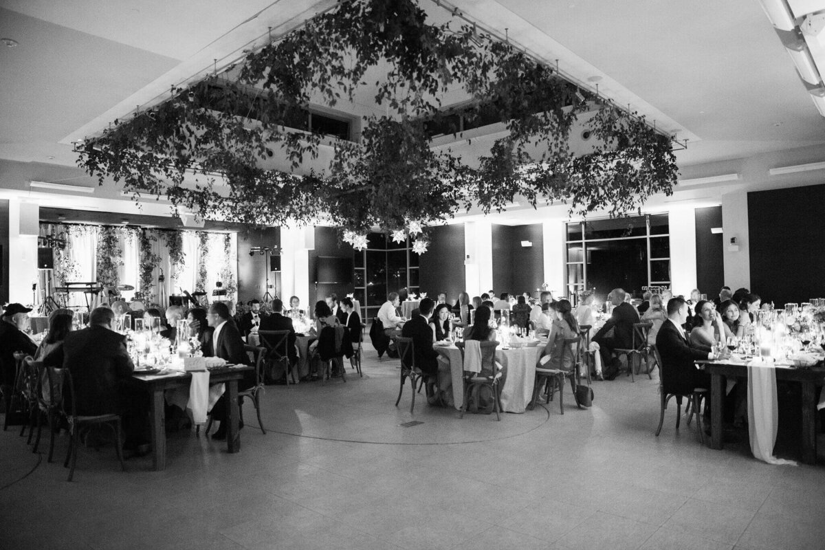 black and white image of a wedding reception at aspen meadows