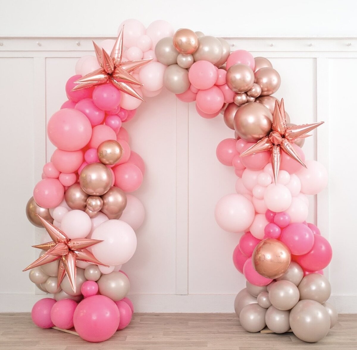 Balloon arch with pink silver, and light pink balloons in Fort Myers, Florida.