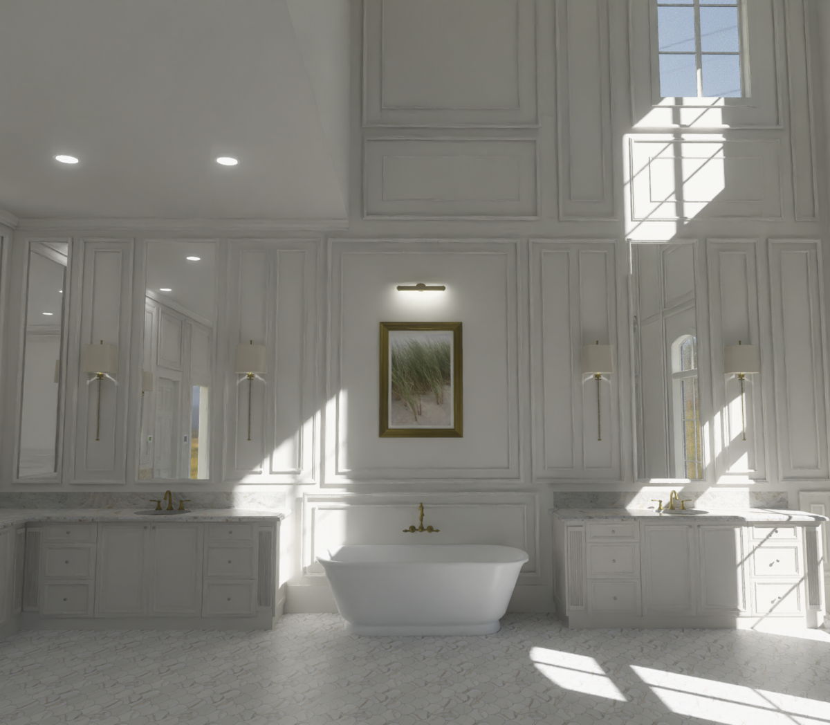 rendering of master bathroom. mandeville lousianna master bathroom design. luxury bathroom design. cape charles interior designer. virtual design. remote design. french country bathroom. 