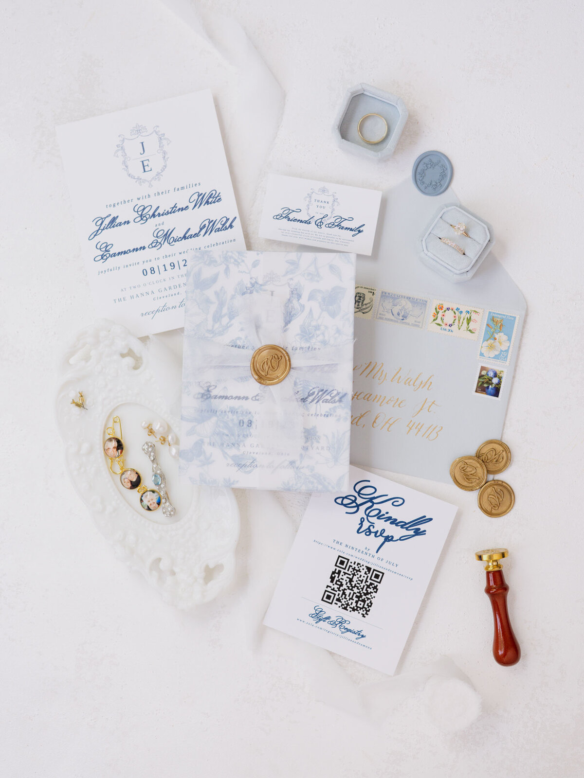 Custom invitation suite with white and blue