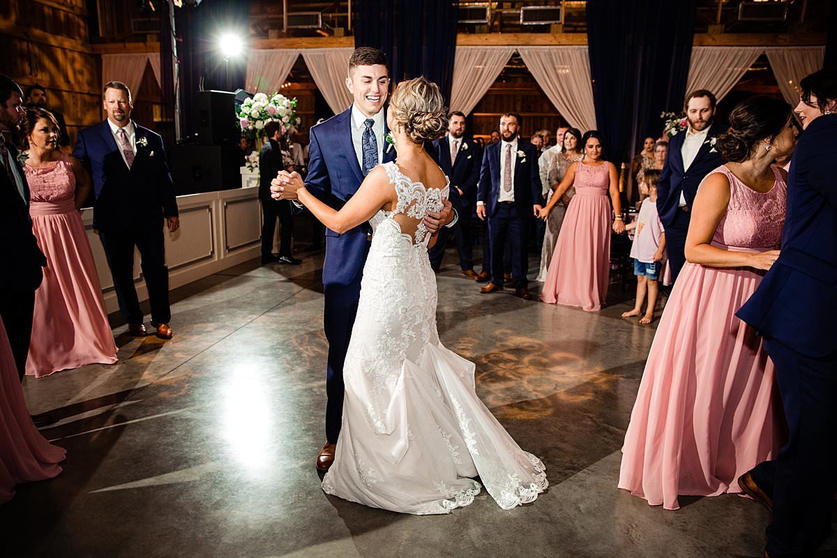 Bride and groom sharing a first dance together with their wedding guests surrounding them