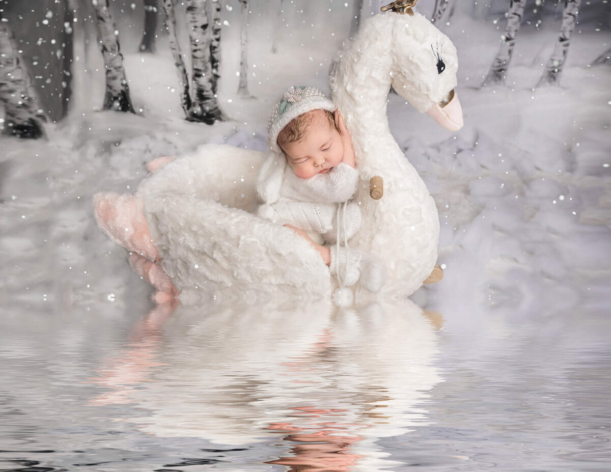 Greater Toronto newborn photographer studio session of baby girl asleep on a swan in a pond by a winter scene  digitally enhanced with water.