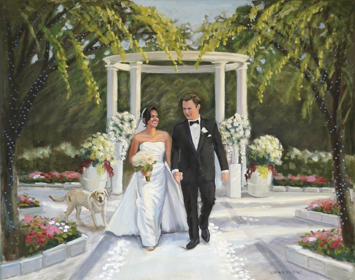 live wedding painting of bride and groom kissing in front of gazebo