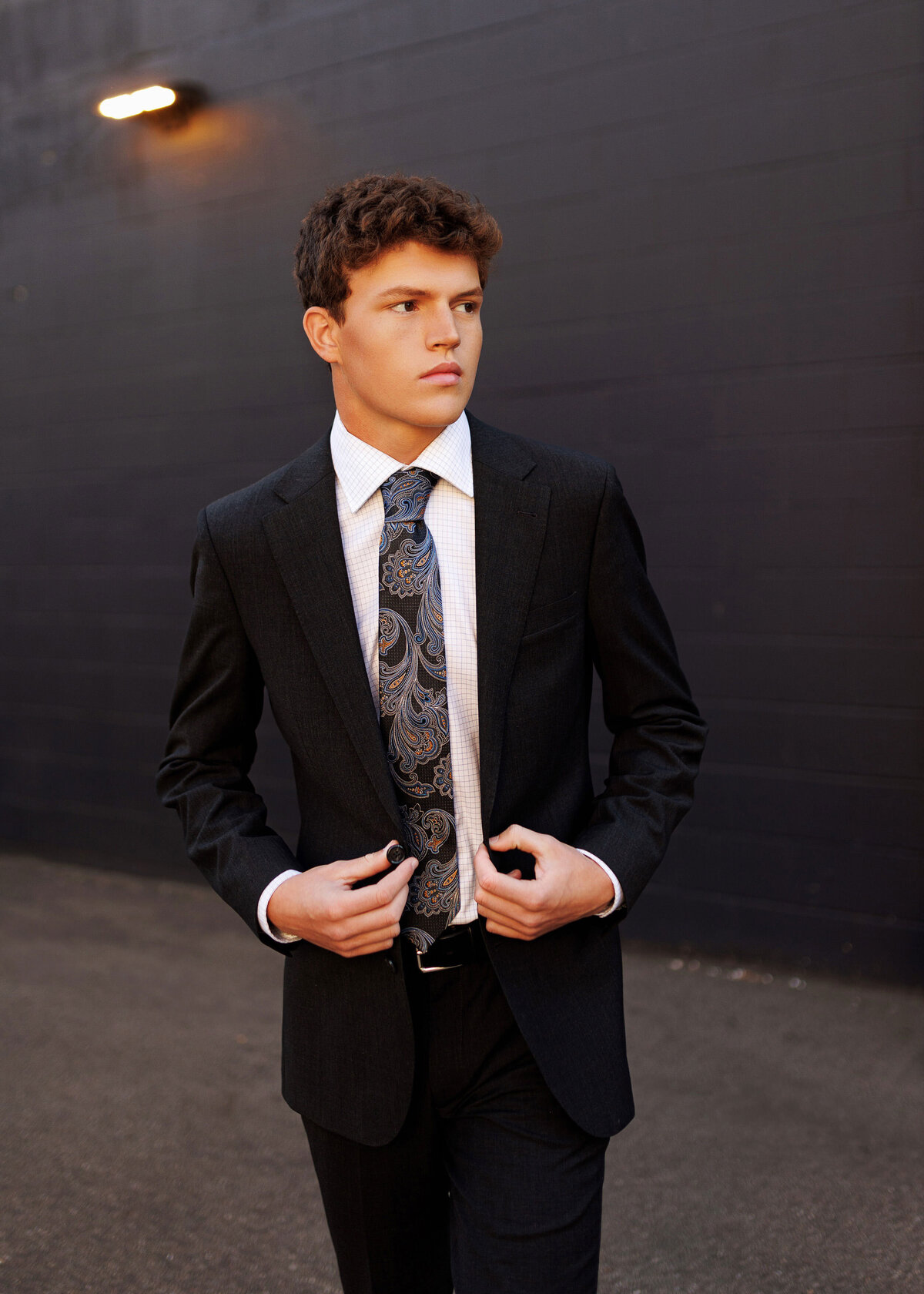 formal photo of minneaoplis senior guy in downtown