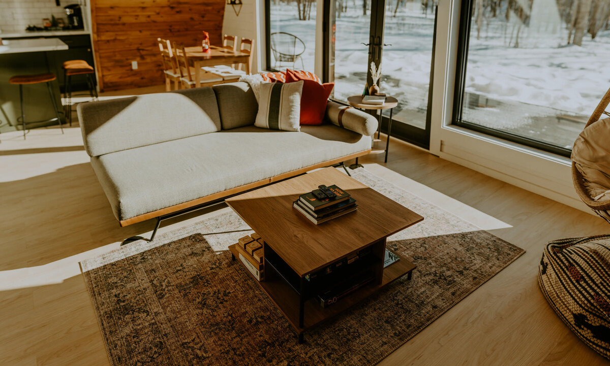 Living room area of aframe cabin.