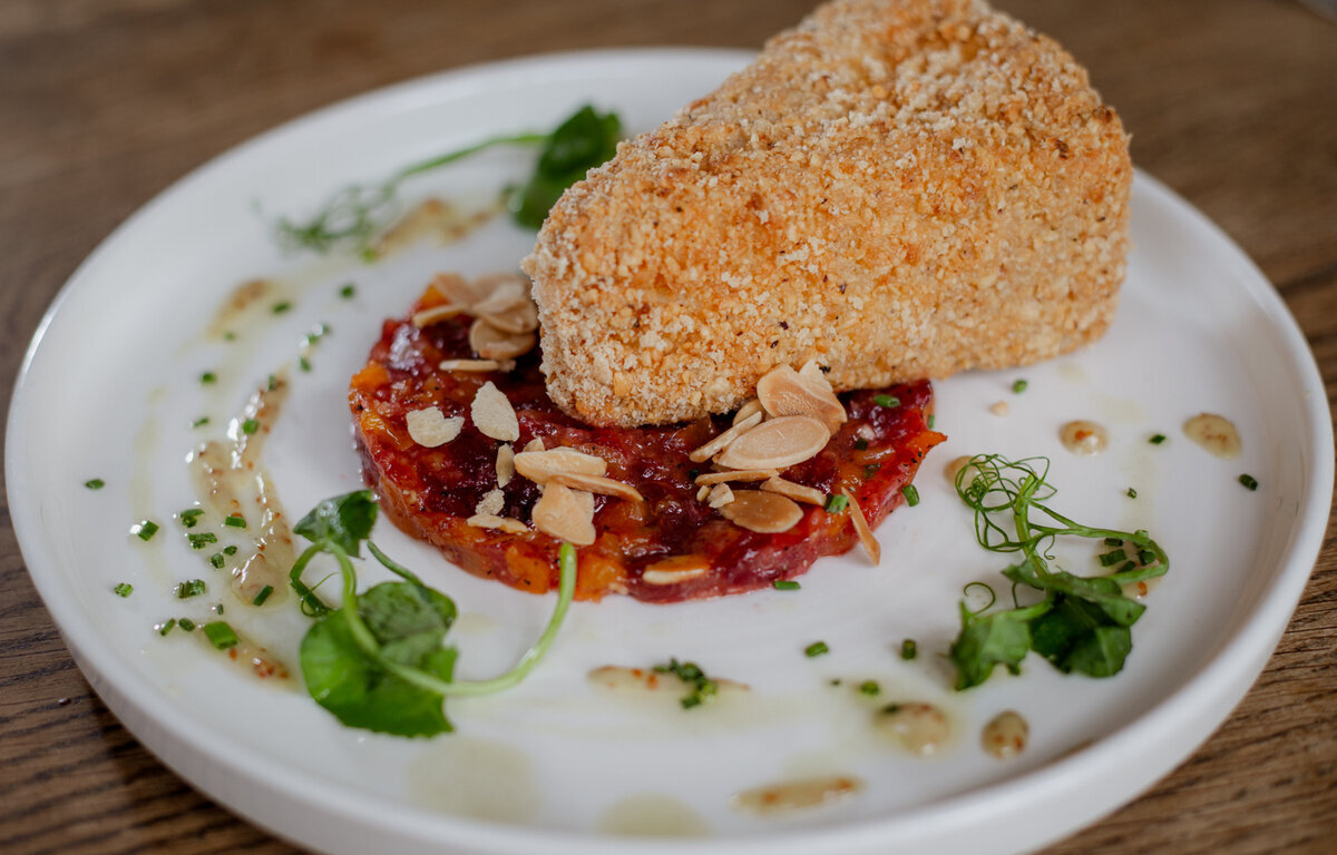 Menus - CRISPY SOMERSET BRIE ALMONDINE | Chicory, apricot and cranberry salsa, toasted almonds - The White Lion Hankelow